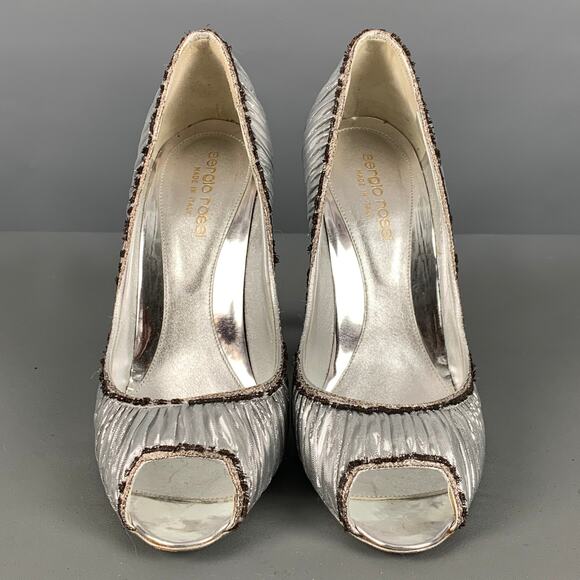SERGIO ROSSI Size 7 Black Lame Metallic Peep Toe Pumps - Picture 4 of 9